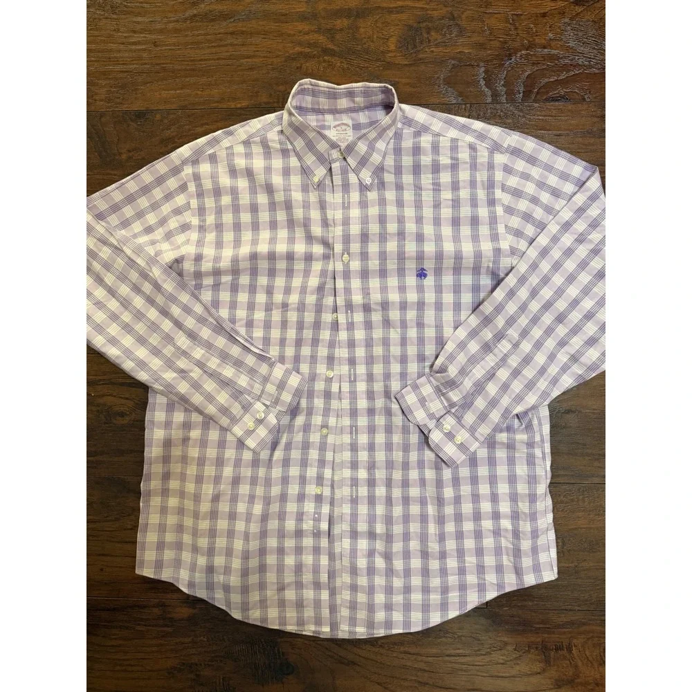 Brooks Brothers Madison Shirt Mens Large Purple White Plaid Supima Cotton - Picture 1 of 3
